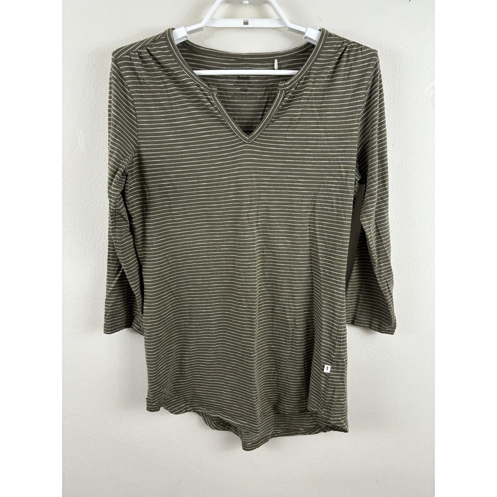 Toad & Co Shirt Womens Small Olive Green Striped V Neck Eco‎ 3/4 Sleeve Casual